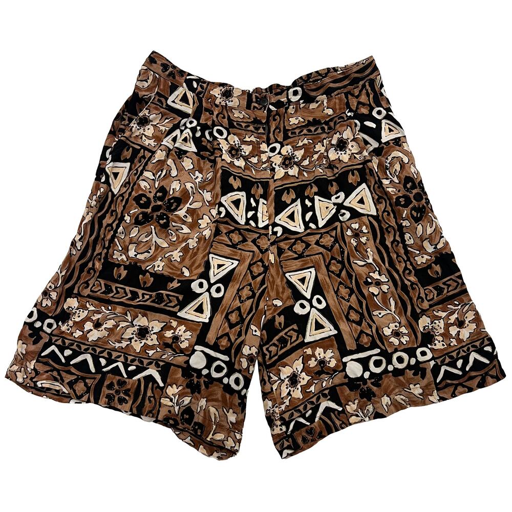 Vintage Christie & Jill Shorts XL Brown Floral Geometric Tribal Print Rayon USA
